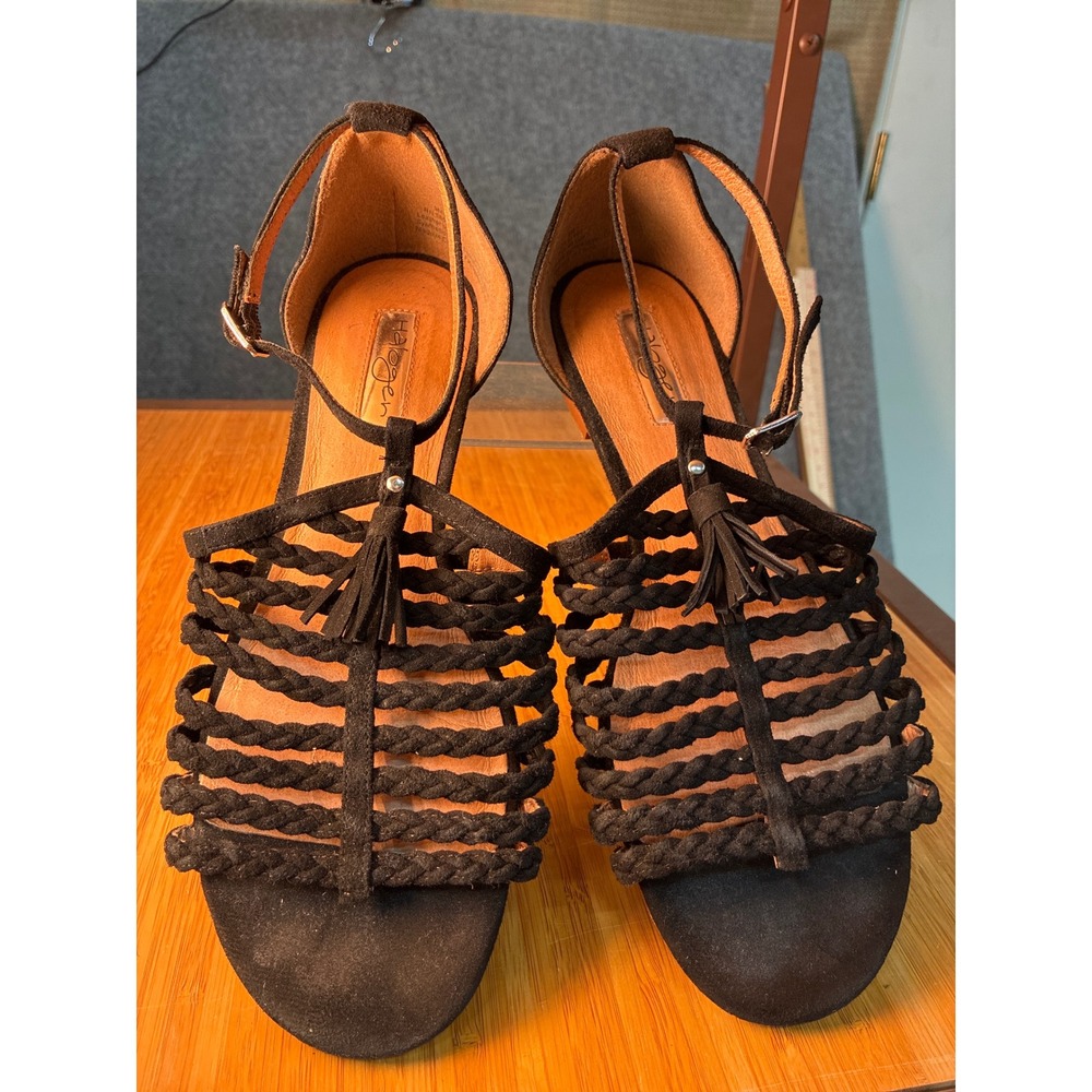 Halogen Black Suede Braided Tassel Flat Sandals Ankle Strap Cage Shoes Womens 9M